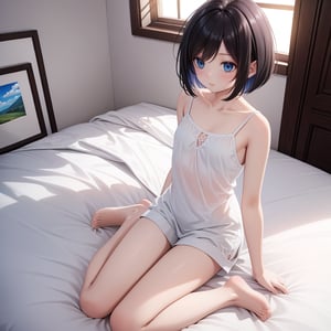 (masterpiece, top quality), high definition, artistic composition, 1 girl, camisole, composition from above, wariza on bed by window, looking away, bob cut, beautiful landscape