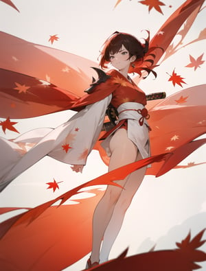 Masterpiece, Top Quality, High Definition, Artistic Composition,1 Woman, Serious Face, Sharp Eyes, Action Pose, White and Red Kimono Style Battle Dress, Standing with Legs Spread, Japanese Sword at the Ready, Simple Background, Impressive Light, Hair Bound with Red Ribbon, Good Looking, Autumn Leaves Pattern