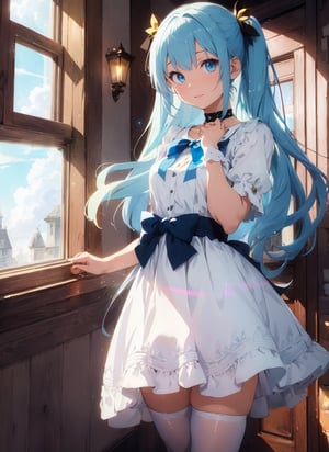 Masterpiece, Top Quality, 1 girl, white and blue dress, short skirt, white stockings, anime style fantasy, black and gold choker, red ribbon, light green hair, long hair, blue eyes, fair skin, fantasy, large window, standing by window, hands together in front of body, light makes clothes transparent, green outside, blue sky, high definition, artistic angle, backlight