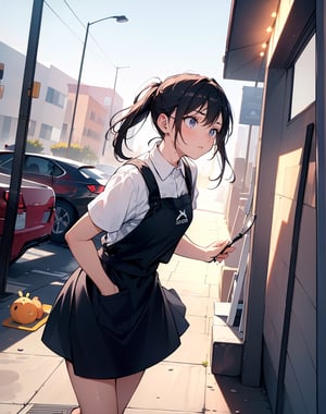 (masterpiece, top quality), high definition, artistic composition, 1 girl, black sportswear, stylish apron, running, frying pan in hand, off balance, panicked, looking away, attention seeking, boulevard, stooping, Dutch angle, troubled