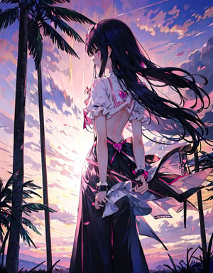 (masterpiece, top quality), high definition, artistic composition, 1 girl, 15 years old, pink magical girl, from behind, palms together in front of chest, looking away, from behind, back visible, sunset, backlit, dirty, tired, suspicious sky color, dramatic, high contrast, wilderness, animation