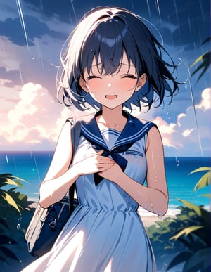 Masterpiece, Top Quality, High Definition, Artistic Composition,1 girl, sailor outfit, summer dress, schoolbag, wet from rain, hand on chest, blush, from front, cowboy shot, shedding tears, happy, short hair, dramatic, cloudy sky, lit by light
