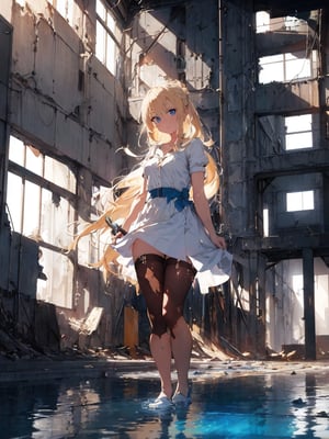Description: masterpiece, top quality, 1 girl, white battle dress, blonde hair, blue eyes, holding weapon, inside huge dilapidated factory , dark, orange lighting, on one knee, composition from below, nothing on floor, pool of water on floor, high definition, photo-like background, science fiction, striking light,masterpiece,breakdomain