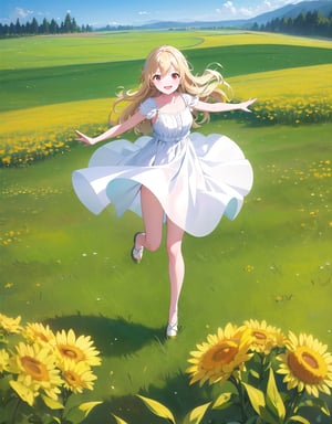 (masterpiece, top quality), high definition, artistic composition, 1 girl, flying pose, cheerful, meadow, composition from above, smiling, blonde hair, sparkling, white dress, healthy, impressive light, wind blowing, red eyes, divine