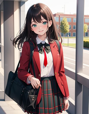 (Masterpiece, Top Quality), High Definition, Artistic Composition, 1 girl, red blazer, white shirt, black ribbon, green checked skirt, school uniform, school uniform, smiling, from front, holding school bag with both hands, smiling with narrowed eyes, schoolbag, schoolbag, portrait, spinning