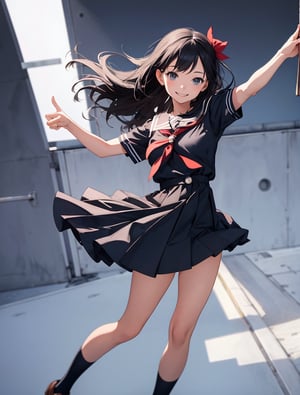Masterpiece, Top Quality, 1 girl, black sailor uniform, school uniform, school, standing with legs spread, smiling, holding out hand towards me, pointing, high definition, from below, Japan, summer dress, one piece, striking light, from side, full body, portrait