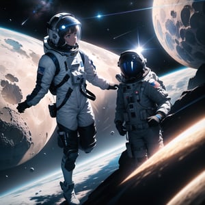 Masterpiece, top quality, high definition, artistic composition,1 girl, space suit, jumping on the moon, blue earth in the background, photo, striking light, artistic composition, dark space, crater, realistic, helmet