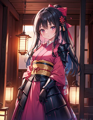 Masterpiece, Top Quality, High Definition, Artistic Composition, One girl, gentle smile, black hair, big pink ribbon, red and blue-green kimono-like battle dress, android-like armor, inside wooden building, dark, lantern light