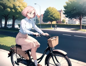 (Masterpiece, Top Quality), High Definition, Artistic Composition, 1 Woman, round black rimmed glasses, neatly coiffed hair, light pink shirt, beige skirt, dark blue shoes, driving bicycle, retro bicycle with front basket, from side, looking away, suburban scene, portrait, lady, calm Atmosphere