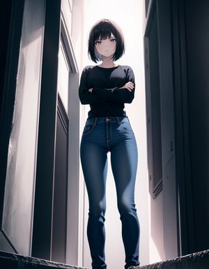 (masterpiece, highest quality), high definition, artistic composition, 1 woman, standing, expressionless, crossed arms, looking down, backlit, looking down, from below, trainers, jeans, bob cut, dramatic