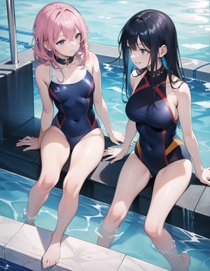 Masterpiece, Top quality, High definition, Artistic composition, 2 girls, smiling, talking, girlish gestures, sitting by the pool, looking away, navy blue swimsuit, looking happy, bold composition