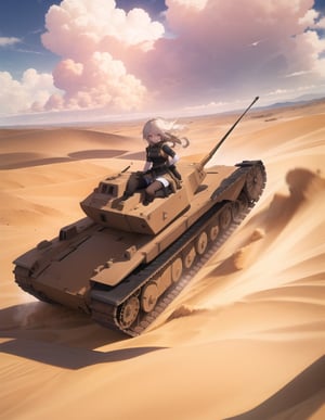 Masterpiece, Top Quality, High Definition, Artistic Composition,1 girl, girl on tank with arms and legs, battle dress, realistic weapon, desert, galloping, composition from above, Dutch angle, dust cloud