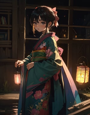 Masterpiece, Top Quality, High Definition, Artistic Composition, One girl, gentle smile, black hair, big pink ribbon, red and blue-green kimono-like battle dress, android-like armor, inside wooden building, dark, lantern light