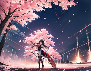 Masterpiece, top quality, machine, outdoors, forest of cherry trees underfoot, cherry blossoms in full bloom, dark colored mobile suit, dynamic pose, 18 meters, explosion in background, artistic oil painting sticks, battle, petals dancing,girl,photograph