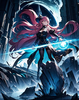 Masterpiece, top quality, high definition, artistic composition, animation, 1 woman, witch, holding wand, glowing, earth cracking and rising, stone rubble, fantasy, magic, attack, dynamic composition, action pose, looking away, arms extended, magic circle, wide shot, giant rock floating,photograph