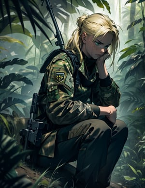 (masterpiece, top quality), high definition, artistic composition, 1 girl, camouflage, blonde hair, bunched back, dirty face, tired, staring at ground, holding machine gun, sitting down, dark jungle, dark green, dramatic, guerilla, looking away