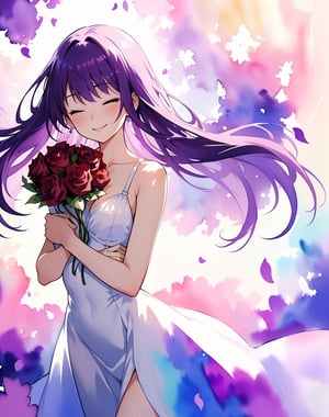 (masterpiece, top quality), high definition, artistic composition, 1 girl, Eyes closed, prone, smiling, holding rose bouquet in front of body with both hands, standing, purple hair, tight white dress, shoulder straps, black background, Len Plant light, from front, watercolor, calm, clean, cowboy shot