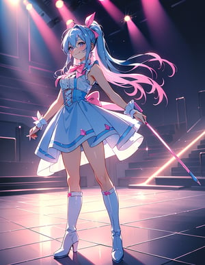 (masterpiece, top quality), high definition, artistic composition, 1 girl, pink 1980s idol fashion, anime, big bow tie with brooch, white two-socks, gravure pose, stage, backlight, light reflecting off floor, smirk, knee-high boots, sleeveless, blue hair