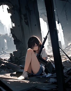 (masterpiece, top quality), high definition, artistic composition, 1 girl, 15 years old, expressionless, (holding a rifle with both hands), dark, in ruins, plain t-shirt, shorts, lying on the ground,