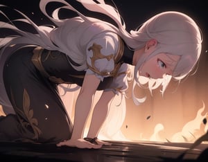 (Masterpiece, Top Quality), High Definition, Artistic Composition, 1 Woman, crying, on all fours, weeping, screaming, warrior, fantasy, hair disheveled, dramatic, somber attire, dark background, face down, from side, striking light