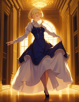 (masterpiece, top quality), high definition, artistic composition, 1 woman, dress with crinoline, tied blond hair, smiling with eyes closed, looking away, dancing gracefully, in palace, night, bold composition