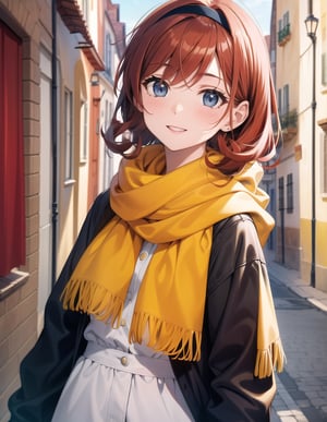 Masterpiece, Top Quality, High Definition, Artistic Composition,1 Girl, French Girl, (light brown medium hair), One Curl Outer Winding, (red hair band), big eyes, smiling, red and yellow French casual, yellow scarf, French town, walking, portrait, blue eyes, cowboy shot.