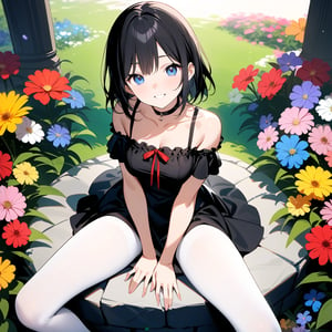 Masterpiece, Top Quality, High Definition, Artistic Composition,1 girl, black dress, red ribbon, choker, smiling, sitting on stone brick, from front, (spread legs, hand between legs), from above, English garden, surrounded by colorful flowers, white pantyhose