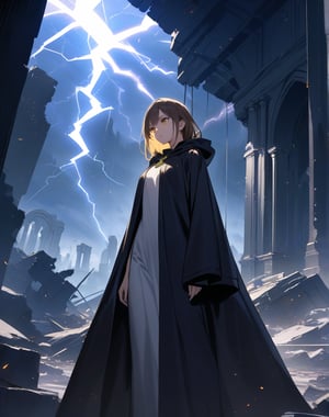 (masterpiece, top quality), high definition, artistic composition, 1 woman, wizard's robe, standing tall, (right arm held out in front), expressionless, golden eyes, looking down, dark background, large lightning, wide sky, ruins, fantasy, striking light