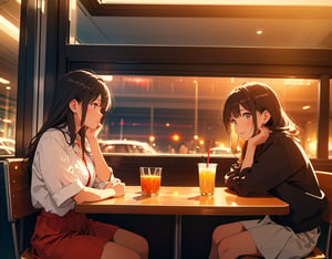 (masterpiece, top quality), high definition, artistic composition, 2 women, girl sitting leaning back in chair tired, hamburger store, girl smiling, elbows on table, juice in glass on table, from side, portrait, close friends, looking away, large gesture