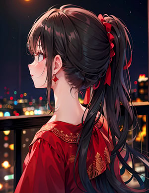 Masterpiece, Top quality, High definition, Artistic composition, 1 girl, close-up of face, from behind, long hair, dark hair, hair up, nape of neck, red earring, smiling, dark green dress, eye shadow, night town, looking away
