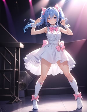 (masterpiece, top quality), high definition, artistic composition, 1 girl, pink 1980s idol fashion, anime, big bow tie with brooch, white two-socks, gravure pose, stage, backlight, light reflecting off floor, smirk, knee-high boots, sleeveless, blue hair