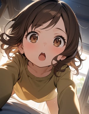 (Masterpiece, Top Quality), High Definition, Artistic Composition, 1 Girl, Animated, On All Fours, Close-up of Face, Mouth Open in Amazement, Brown Hair, Wavy Hair, Stupid Hair, Child Clothing, Dutch Angle