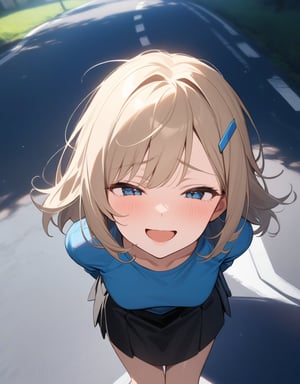 (masterpiece, top quality), high definition, artistic composition, 1 girl, hands folded behind her back, bending forward, looking up, composition from above, squinting, open mouth smile, spinning around, looking at me, focus on face, blue shirt, big hairpin, little girl, road, portrait, Dutch angle, nasty smile , black skirt, childish.