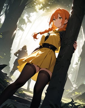 (masterpiece, top quality), high definition, artistic composition, 1 woman, yellow sailor-like battle dress, warrior, holding large stylish bow, woods, striking light, sunlight filtering through trees, high contrast, bold composition, orange hair, long braids, fantasy, stalking prey, ruins, black stockings