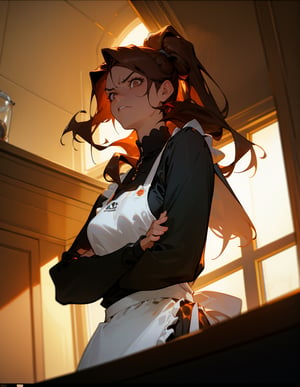 (masterpiece, top quality), high definition, artistic composition, 1 female, dark hair, long hair, from below, arms crossed, scary face staring, backlit, apron, kitchen, hair tied back, Dutch angle, striking light, Angry, Wife.