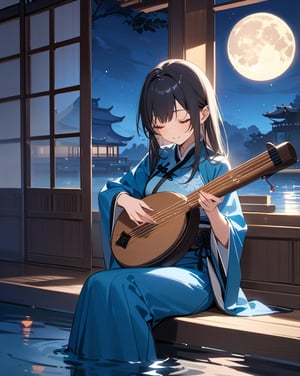 (masterpiece, top quality), high definition, artistic composition, 1 girl, Chinese traditional clothes, (playing Chinese folk instrument), eyes closed, calm face, relaxed, Chinese wooden architecture, sitting by window, night, full moon reflected on water, wooden floor