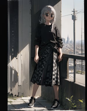 Masterpiece, Top Quality, High Definition, Artistic Composition, One girl, leaning against a wall, waiting for someone, looking away, looking down, smirking, round frame sunglasses, silver hair, black printed shirt, tricolor checkered skirt, black sneakers, casual, Portrait, monotone cityscape, French style, low saturation