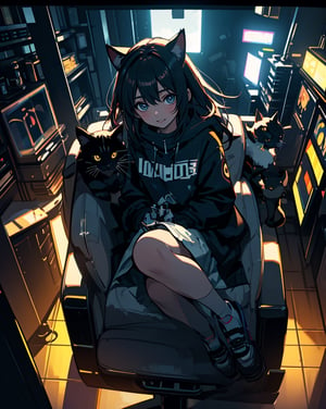  Masterpiece, Top Quality, High Definition, Artistic Composition, 1 Woman, playing video game with gamepad in hand, sitting in chair, holding cat, from above, dark room, monitor light illuminates woman, excited,<lora:659111690174031528:1.0>