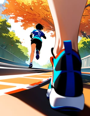 (Masterpiece, Top Quality), High Definition, Artistic Composition, 1 woman, marathon uniform, running shoes, running a marathon, running, short hair, looking away, tree-lined street, fall, from below, emphasis on feet, bold composition, sense of speed, Dutch angle, motion blur, lively, perspective, from front