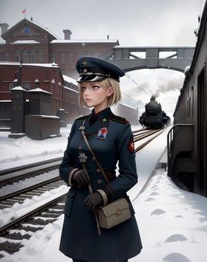 (masterpiece, top quality), high definition, artistic composition, 1 girl, WWII, train station, steam train, Russian female soldier, snow, dark sky, document, realistic, looking away, many soldiers