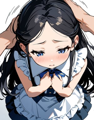 (Masterpiece, Top Quality), High Definition, Artistic Composition, 1 girl, 10 years old, younger sister, prone, troubled, mouth agape, gaze down, composition from above, hands in front of chest, blushing, pretty clothes, frilly skirt, hands on head, being patted