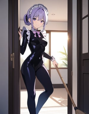 (Masterpiece, Top Quality), High Definition, Artistic Composition, 1 girl, anime, purple maid outfit, cleaning with bamboo broom, doorway, open door, morning sun, backlight, catsuit, gentle smile, dramatic,