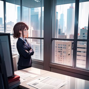 Masterpiece, top quality, high definition, artistic composition, 1 woman, May Day, Labor Day, office, raining outside window, looking away, staring out window, bold composition, tired, dramatic, office worker