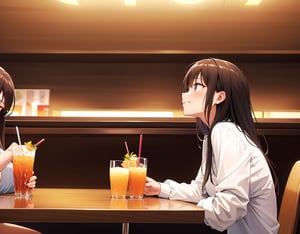 (masterpiece, top quality), high definition, artistic composition, 2 women, girl sitting leaning back in chair tired, hamburger store, girl smiling, elbows on table, juice in glass on table, from side, portrait, close friends, looking away, large gesture