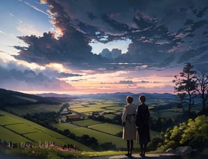 Masterpiece, Top quality, 2 girls, side by side, one sitting, spring jacket, back view, overlooking Japanese countryside, stream in distance, one large tree standing, dusk, striking sky color, looking away, high definition, emotional, large clouds, wide sky, railroad tracks visible, artistic composition