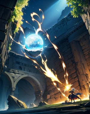 Masterpiece, top quality, high definition, artistic composition, animation, 1 woman, witch, holding wand, glowing, earth cracking and rising, stone rubble, fantasy, magic, attack, dynamic composition, action pose, looking away, arms extended, magic circle, wide shot, giant rock floating,photograph