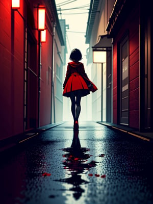 Masterpiece, Top Quality, 1 girl, short hair, red coat, red cape, black shirt, white skirt, beige bag, black stockings, black shoes, blue eyes, walking, Japanese back alley, dark, street lamp, wet ground, scary atmosphere, high definition, artistic composition, foggy, backlit, red flowers blooming, perspective, focus on feet,masterpiece,<lora:659111690174031528:1.0>