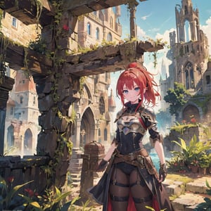 Masterpiece, top quality, 1 girl, bikini armor, standing, bold pose, red hair, ponytail, big eyes, smiling, see-through, facial close-up, beautiful nature, western medieval city, ruins, treasure chest, nature light, hair shining, fantasy, high definition