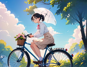 (masterpiece, top quality), high definition, artistic composition, 1 woman, round black rimmed glasses, neatly coiffed hair, light pink shirt, beige skirt, dark blue shoes, small white parasol, riding bicycle, retro bicycle with front basket, from side, looking away, suburban scene, portrait, lady, calm atmosphere