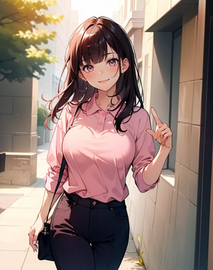 (masterpiece, top quality), high definition, artistic composition, 1 girl, dark hair, light pink polo shirt, from front, walking, blunt bangs, squinting and smiling, tilting head, girlish gesture, young lady, walk, portrait